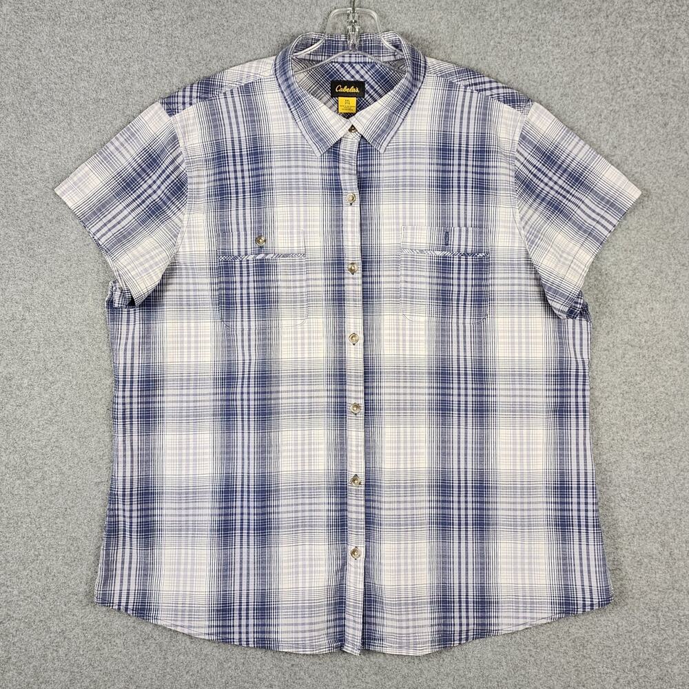 Cabela's Men's Shirt Short Sleeve Button Up 2XL Blue Plaid Outdoor Fishing